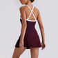 Wholesale Women's Pleated Tennis Dress Yoga Bodysuit with Chest Pad