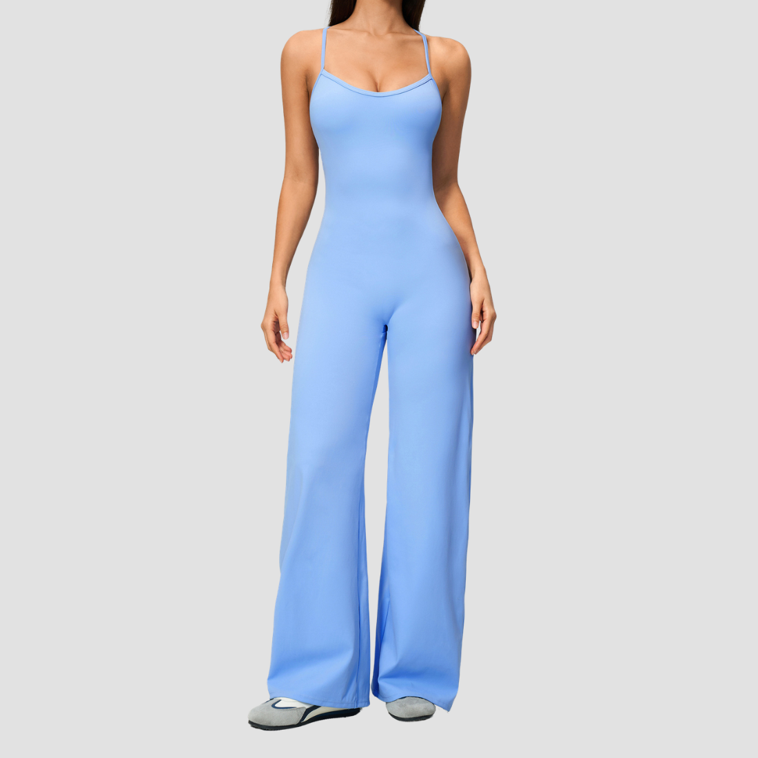 Wholesale Women's Brushed Yoga Jumpsuit – Cross Back Wide-Leg Athletic Bodysuit w/ Chest Pad
