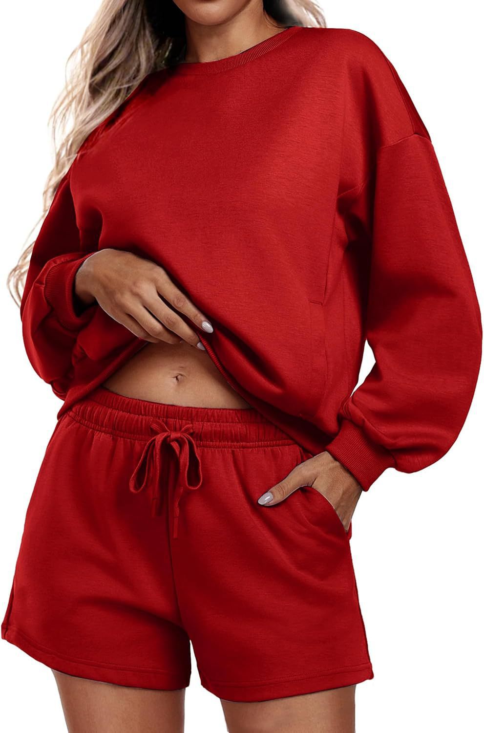 Round neck loose casual sweatshirt+Loose-fitting athletic shorts 2-piece set