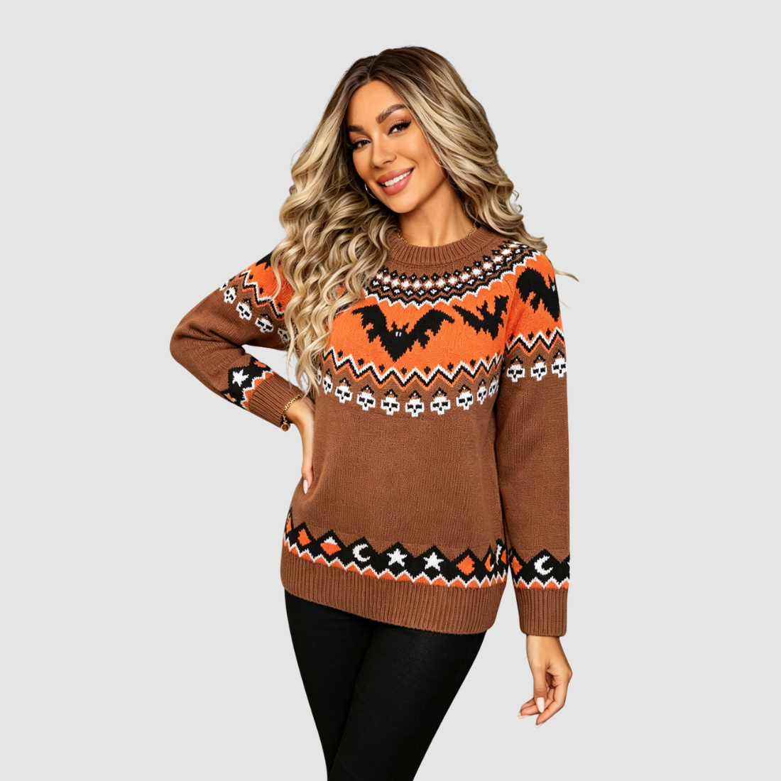Wholesale Women's Halloween Witch Bat Jacquard Knit Sweater – Round-Neck Raglan Pullover