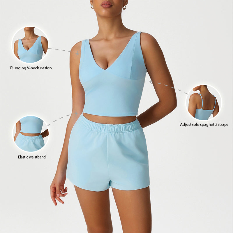 V-Neck Crop Top + Loose Sports Shorts 2-Piece Set