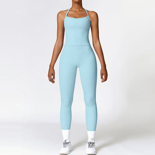 Tapa del tanque de yoga de cruz cepillado + Leggings de cintura alta de 2 piezas