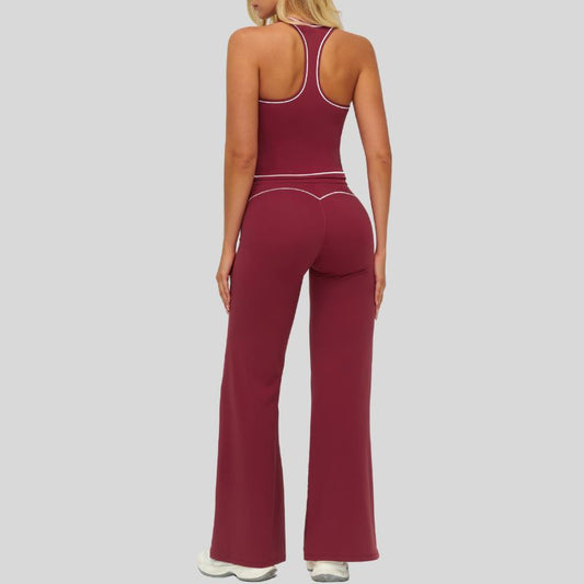 Contrasting racerback tank top+ High-waisted wide-leg pants 2-piece set