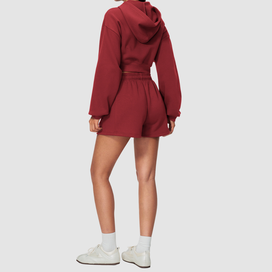 Wholesale Women's Relaxed Fleece-Lined  Zip Up Hoodie & Sweat Shorts Set