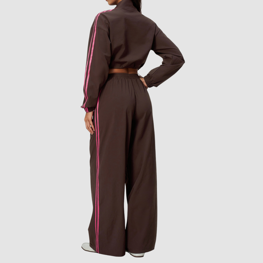 Wholesale Women's Color-Block Stand-Collar Wide-Leg Pants Sports Set