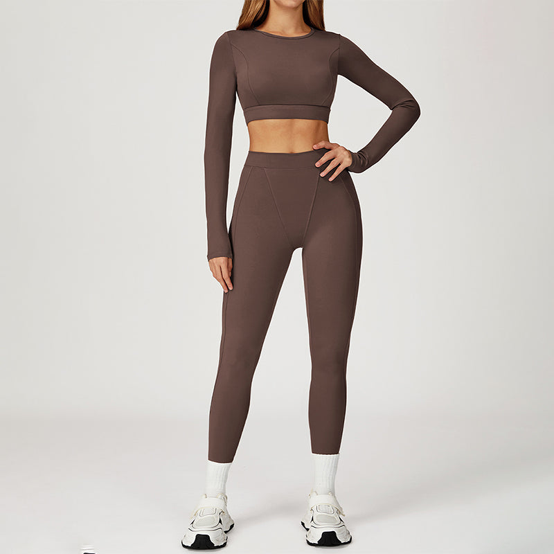 Round-neck long-sleeve high-waist fitted top+HIGH WAIST LEGGINGS 2-PIECE SET