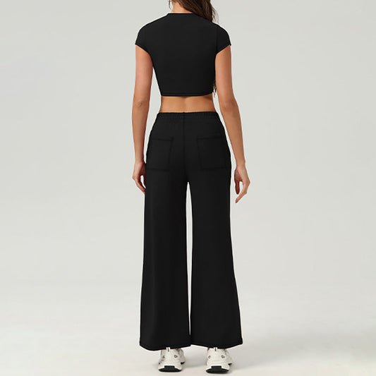 Quick-Dry short-sleeved sports yoga top+loose Straight Leg pants 2 pieces set