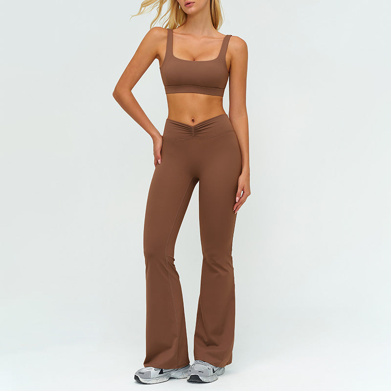 Square neckline backless sports bra+High-waisted flared pants 2-piece set