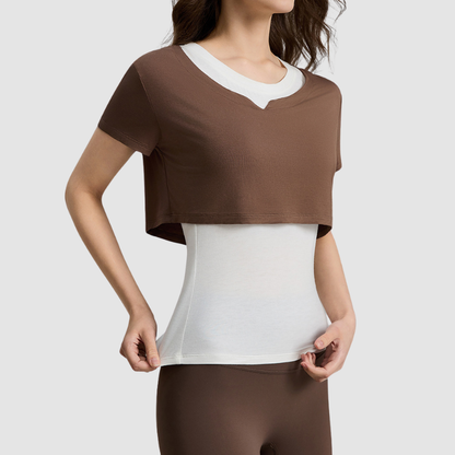 Wholesale Women's Color-Block Faux Two-Piece Yoga Short-Sleeve Top