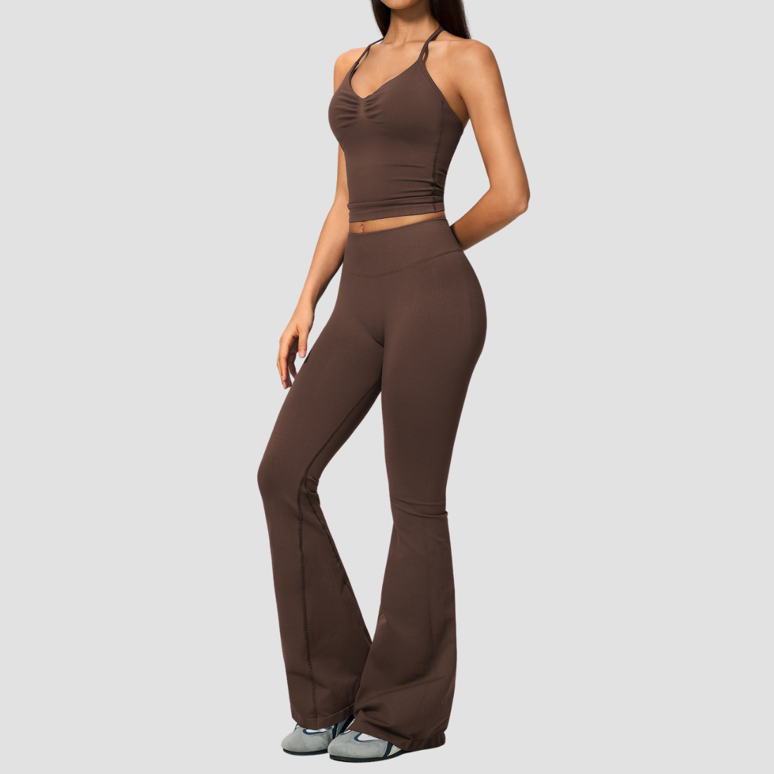 Wholesale Women's Seamless Yoga Set: Strappy Tank Top & Flare Pants – High-Stretch w/ Chest Pad