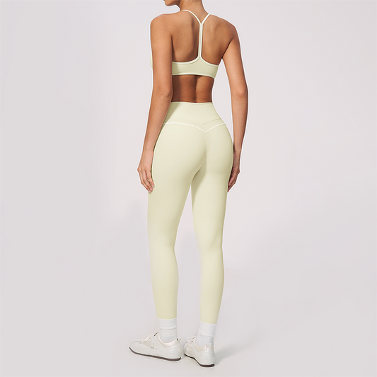Wholesale Women's Brushed Yoga Set: V-Neck Bra & Leggings – Colorblock Tummy Control