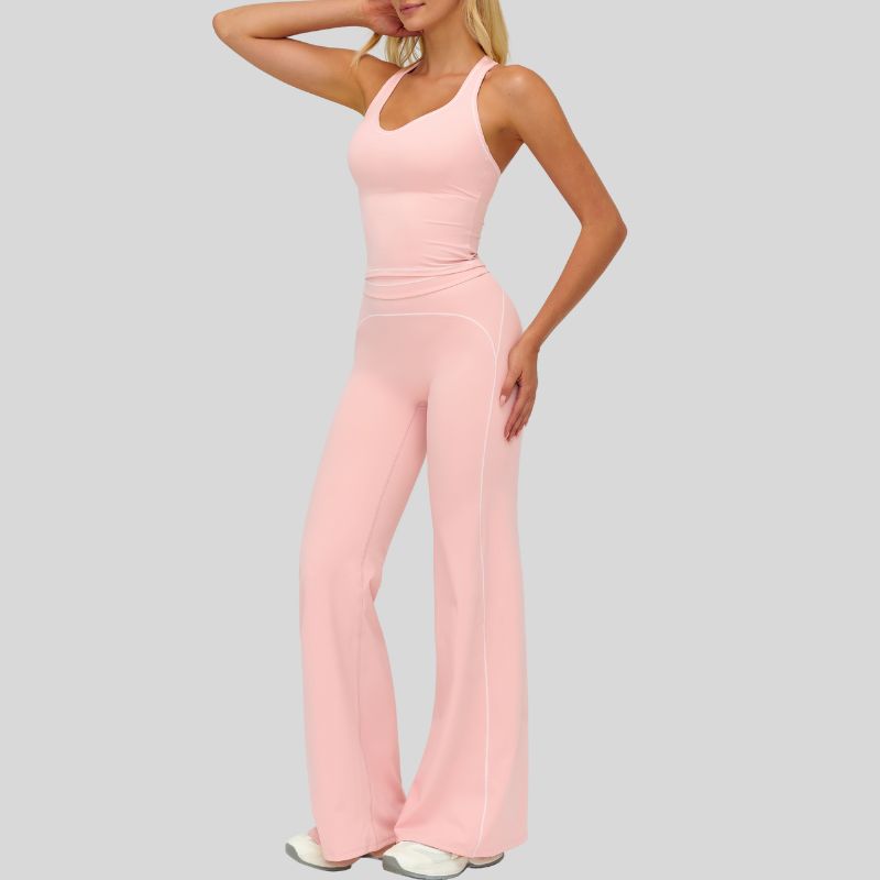Contrasting racerback tank top+ High-waisted wide-leg pants 2-piece set