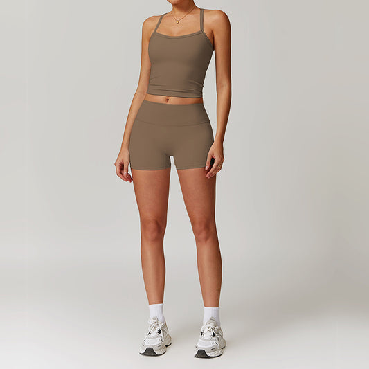 Tapa del tanque de yoga de cruz cepillado + pantalones cortos de cintura alta de 2 piezas