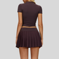 Slim-fit stand-up collar short-sleeved top+Anti-exposure design pleated skirt 2-piece set