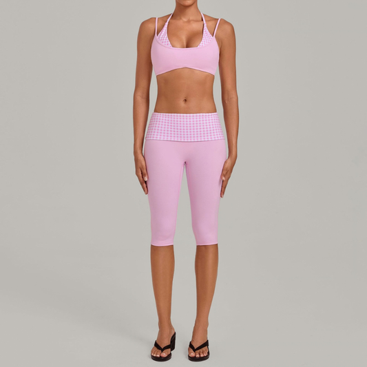 Wholesale Women's Faux-layered Bra Bra+Fold-over Waistband Shorts 2-Piece Set
