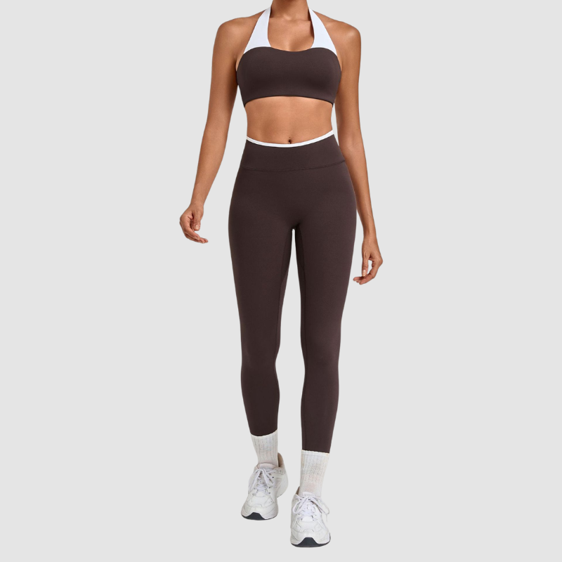 Wholesale Halter Neck Colorblock Yoga Set Sports Bra & Leggings – Naked Feel with Pocket
