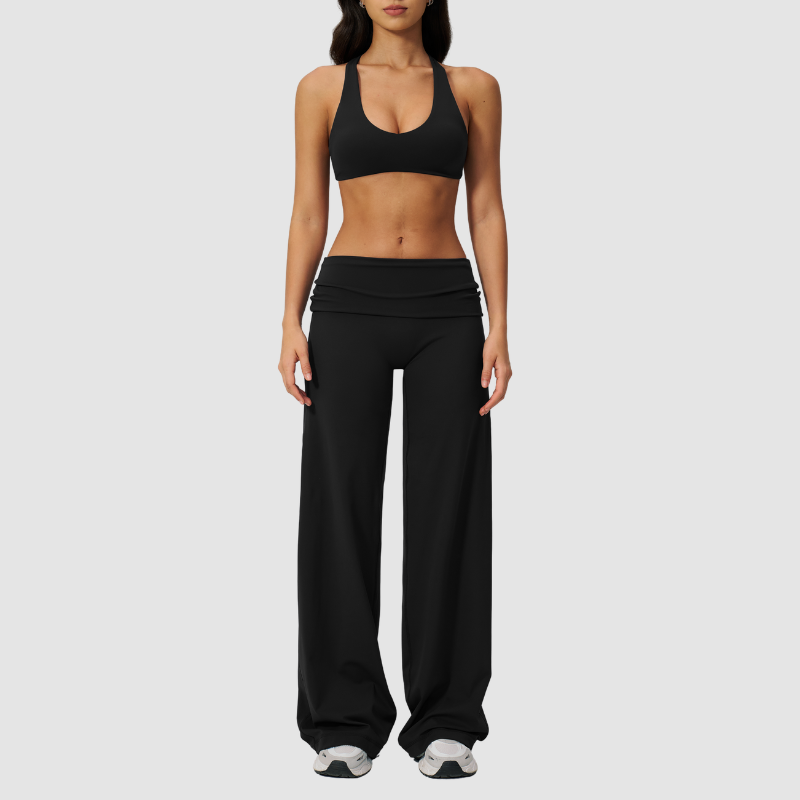Wholesale Seam-Detail Sports Bra & Fold-up High-Waist Flare Leggings Set