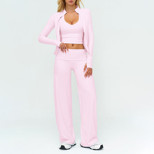 Stand collar zipper jacket +V-neck backless tank top + high-waisted loose wide-leg pants 3-piece set