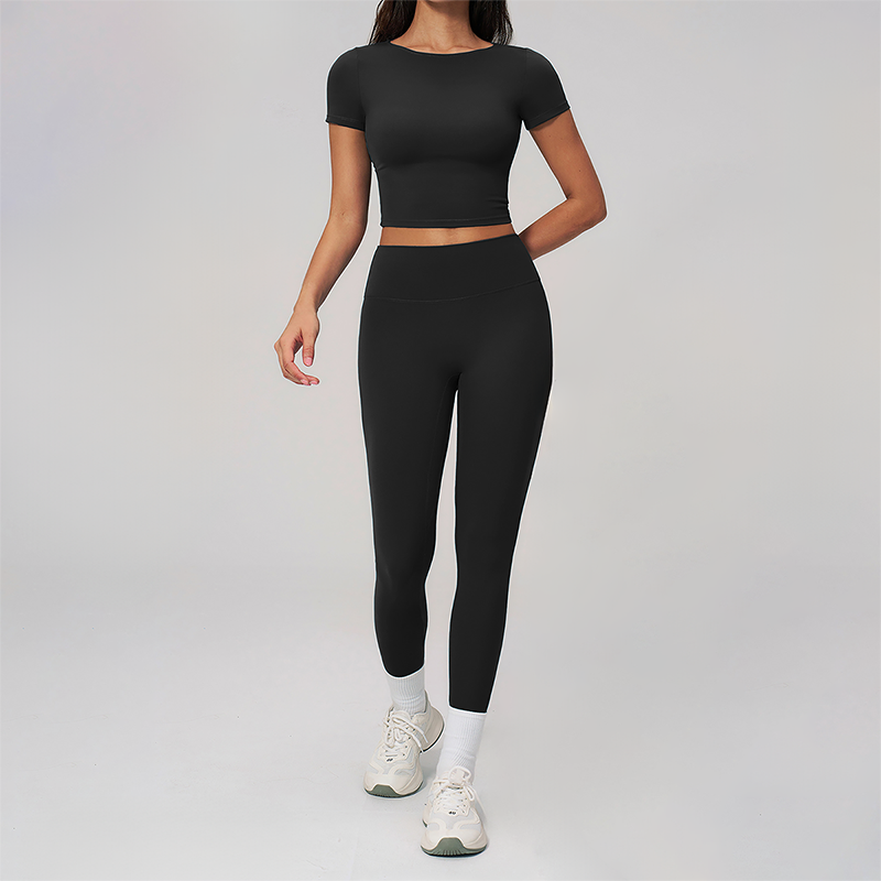 Wholesale Seam-Detail Cropped T-Shirt & High-Waist Leggings Set – Brushed Yoga 2-Piece