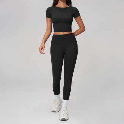 Wholesale Seam-Detail Cropped T-Shirt & High-Waist Leggings Set – Brushed Yoga 2-Piece