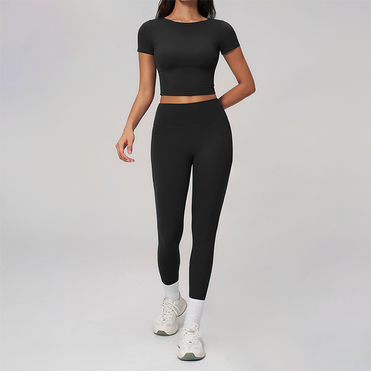 Wholesale Seam-Detail Cropped T-Shirt & High-Waist Leggings Set – Brushed Yoga 2-Piece