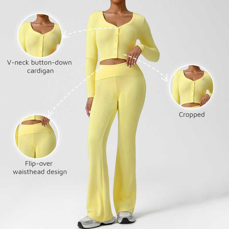 Snug-Fit Cropped Long Sleeve + Flared Leg Pants 2-Piece Set