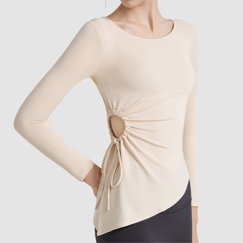 Wholesale Women's Ruched Drawstring Long-Sleeve Yoga Top – Slim Fit Activewear