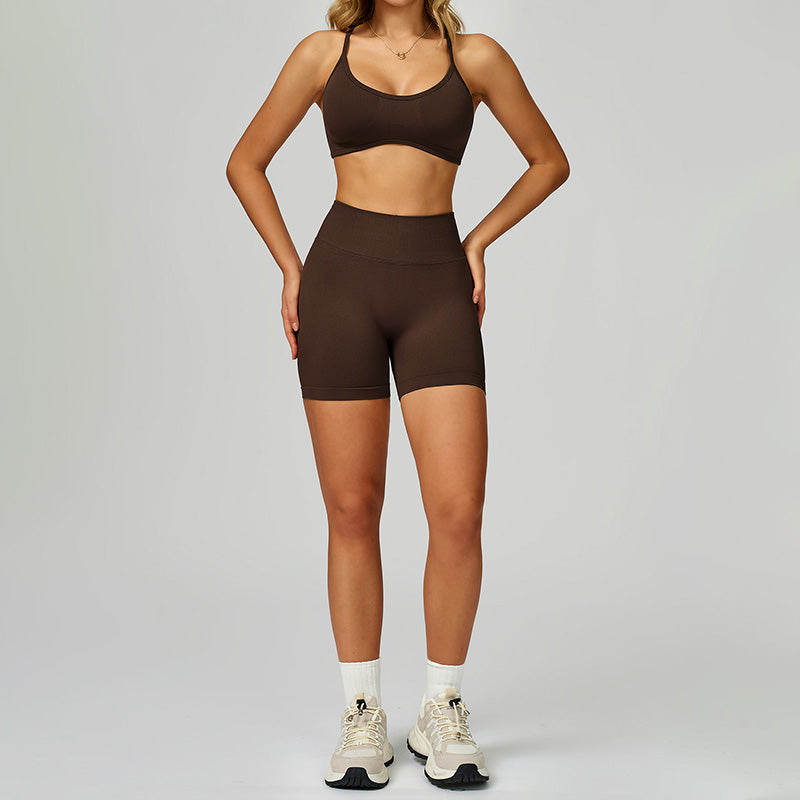Seamless thin straps Sports Bra + High-waisted shorts 2-Piece Set