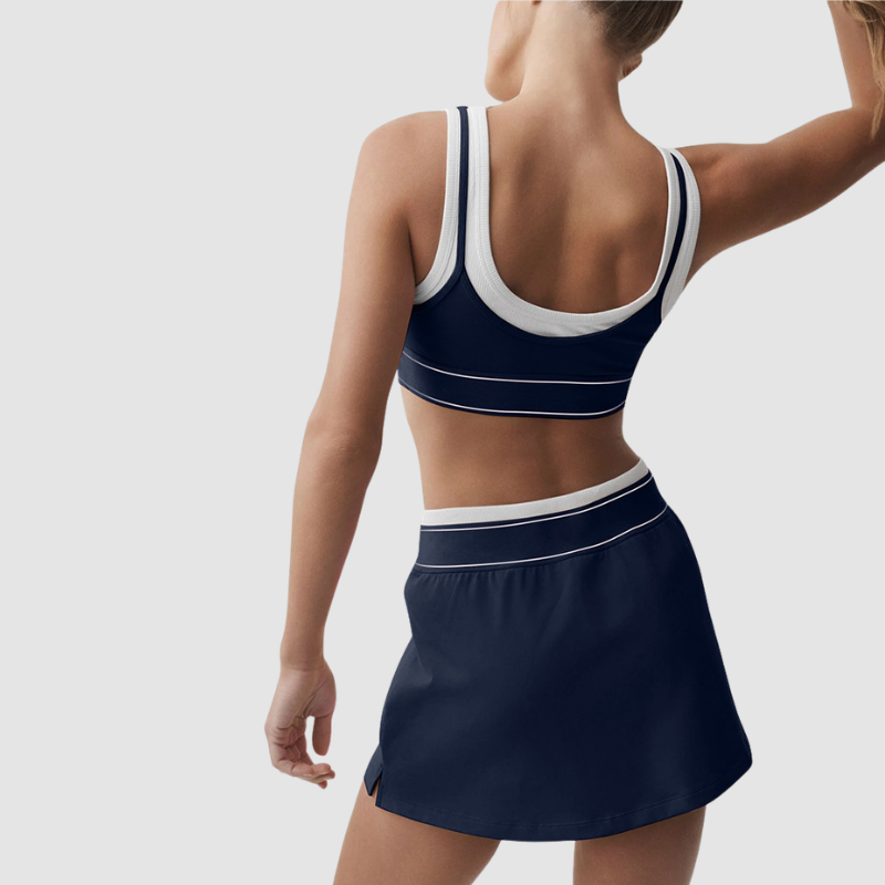 Wholesale Women's Contrast Stripe Halter Bra & Tennis Skirt Set – Sporty Two-Piece