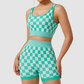 Wholesale Women's Checkerboard Yoga Set – Contrast Color Sports Bra and Shorts Set