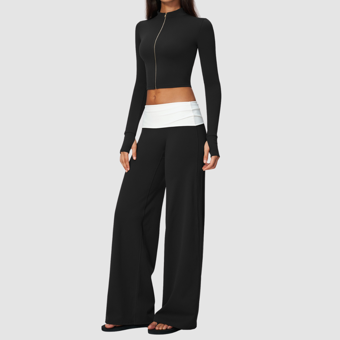 Wholesale Women’s Stand-Collar Zip Jacket & Flared Yoga Pants Set