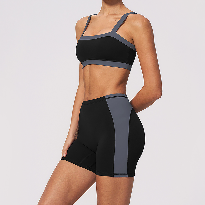 Wholesale Women's Colorblock Bare-Feel Yoga Set Sports Bra & Shorts w/ Chest Pad