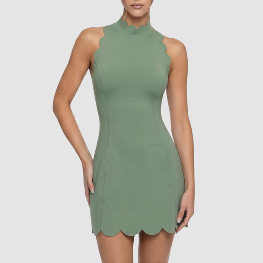 Wholesale Scallop-Hem Halter Tennis Dress with Built-In Safety Shorts – Naked-Feel Athletic Dress