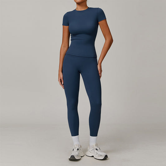 Top deportivo de manga corto cepillado + Leggings de cintura alta de 2 piezas