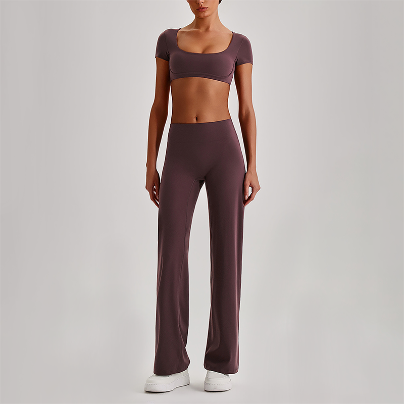 Wholesale Women's Short Sleeve Exposed Back Bra+Naked Feel Straight Leg Pants Yoga Set