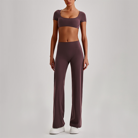 Wholesale Women's Short Sleeve Exposed Back Bra+Naked Feel Straight Leg Pants Yoga Set