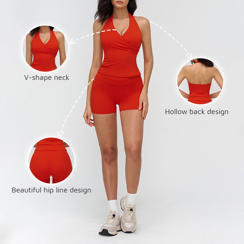 Halter neck backless tank top + high-waisted shorts 2-piece set