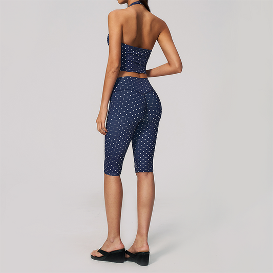 Wholesale Women's Deep V high-elastic polka-dot vest + high-waisted Capri Shorts Set
