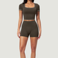 Wholesale Women's Seam-Detail Colorblock Short Sleeve Crop Top – Butt-Lifting Yoga Gym Activewear FDX2036