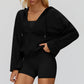 V-neck large hooded jacket+Sports tank top+High waisted shorts 3-piece set