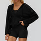 V-neck large hooded jacket+Sports tank top+High waisted shorts 3-piece set