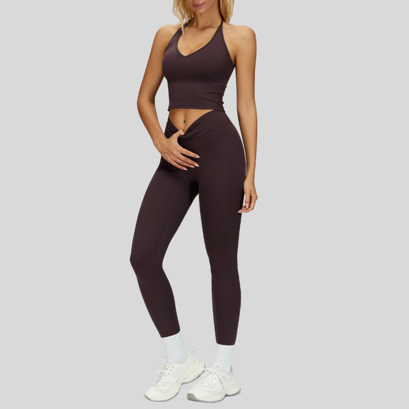 Removable Bra Pad Tank top+Pleated waistband sport leggings 2-piece set