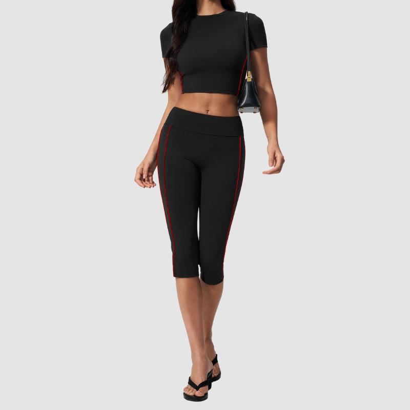 Wholesale Women's Brushed Contrast Piping Short Sleeve Crop Top & Button-Up Cropped Pants Set