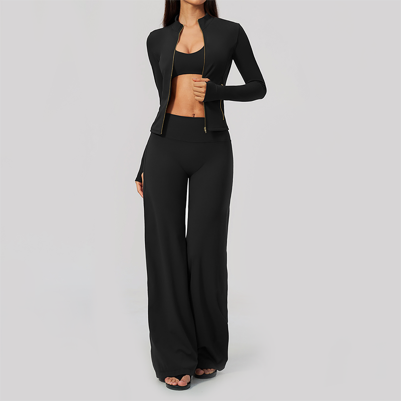 Wholesale Women's 3-Piece Yoga Set – Zip Jacket, Sports Bra & Wide-Leg Pants