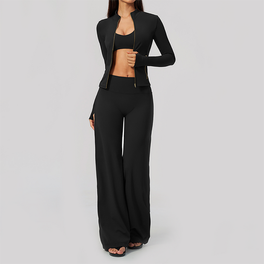 Wholesale Women's 3-Piece Yoga Set – Zip Jacket, Sports Bra & Wide-Leg Pants
