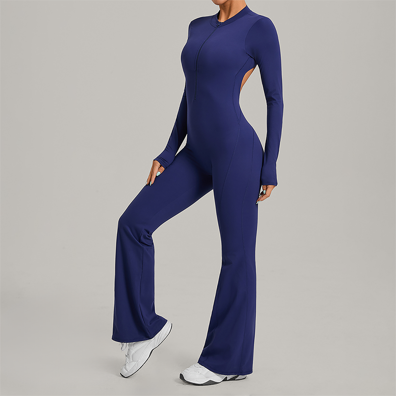 Zipper long sleeved backless fitness jumpsuit