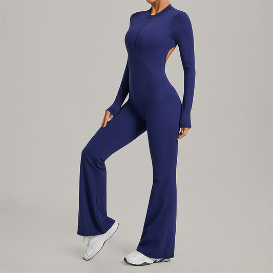 Zipper long sleeved backless fitness jumpsuit
