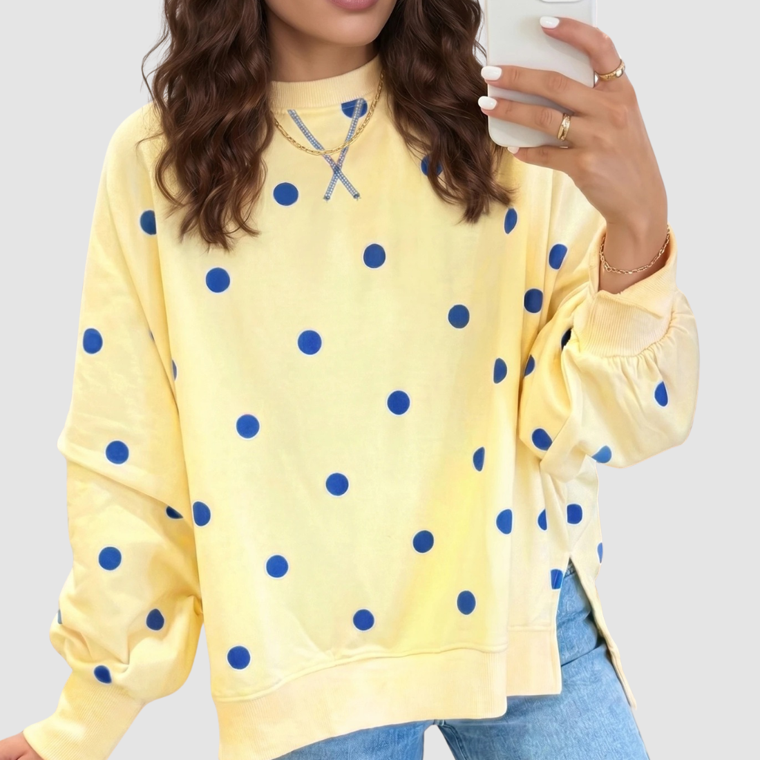 Wholesale Women's Polka Dot Pullover Sweatshirt – Loose Contrast Round-Neck Top