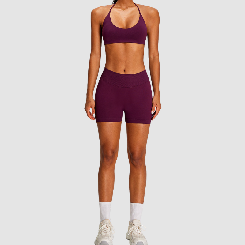 Wholesale Seamless Halter Sports Bra & High-Waist Biker Shorts Set – Naked-Feel Peach-Lift Yoga 2-Piece