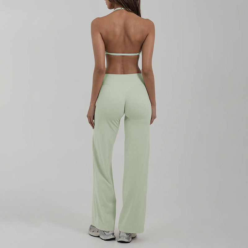 Halter-neck backless bra + loose wide-leg pants 2-piece set